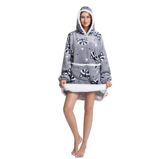 Sherpa Fleece Oversized Hoodie Blanket for Adults Women Raccoon Design